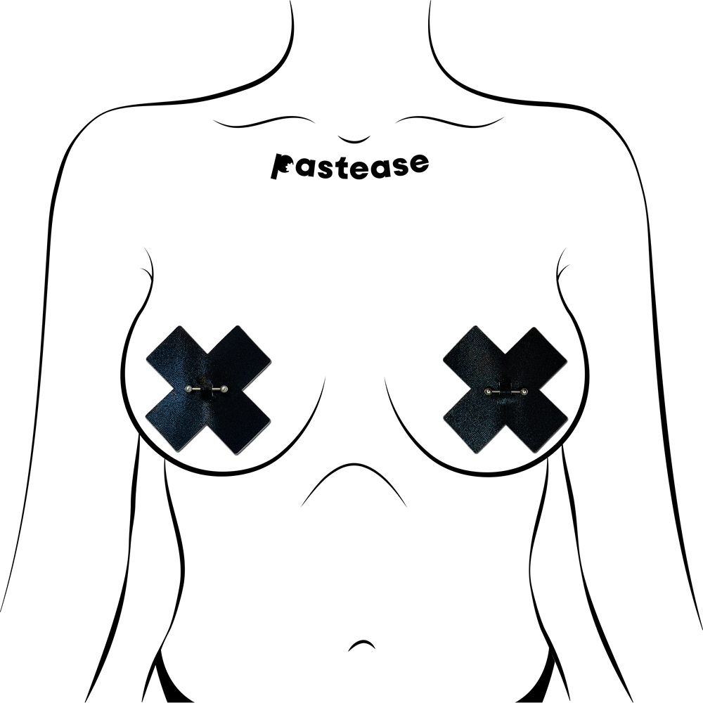 Pastease® - Wholesale Nipple Pasties - Women's - Pierced Pasties: Black Cross X with Barbell Piercing Pasties1
