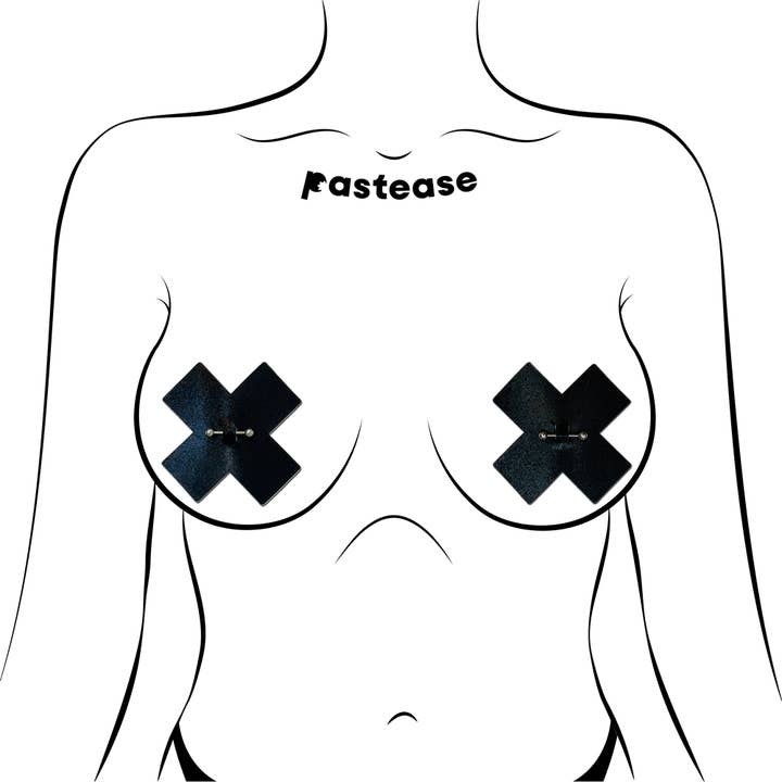 Pastease® - Wholesale Nipple Pasties - Women's - Pierced Pasties: Black Cross X with Barbell Piercing Pasties1