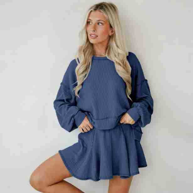 Marayn - Wholesale Top & Skirt Set - Women's - Autumn Ribbed Set Lantern Sleeve Top  Pleated Skirt1