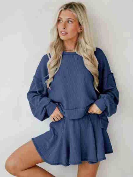 Marayn - Wholesale Top & Skirt Set - Women's - Autumn Ribbed Set Lantern Sleeve Top Pleated Skirt1