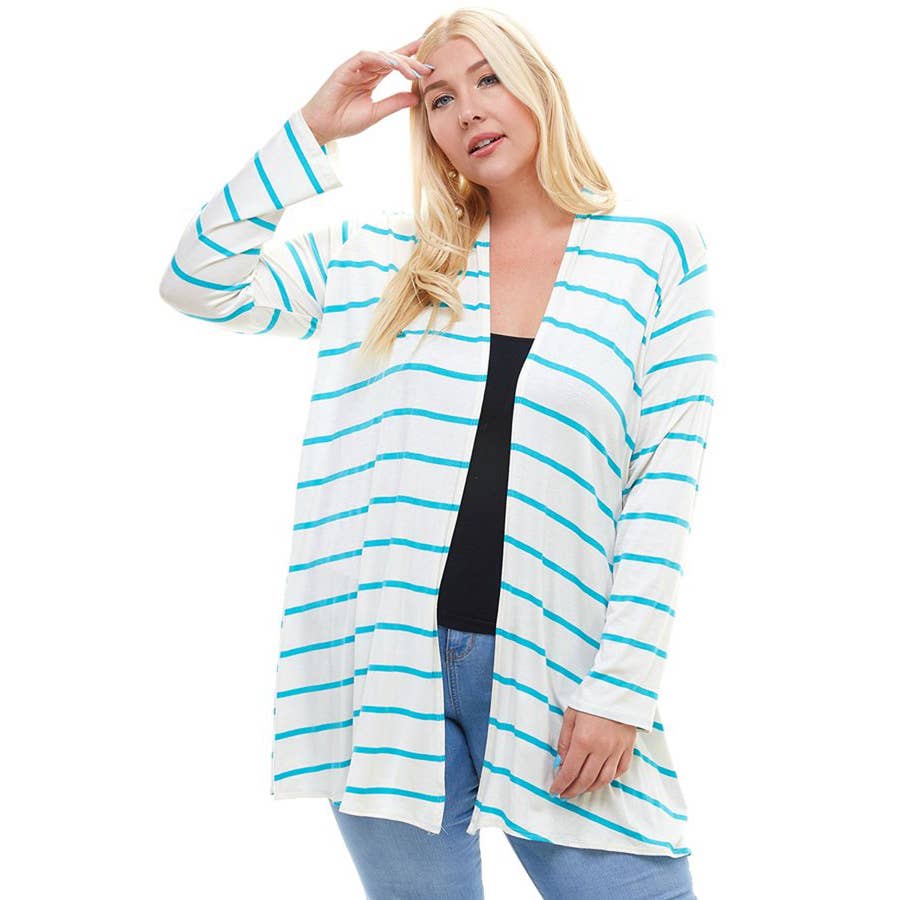 Azules Clothing – Großhandel Strickjacke – Damen – AJK-3001RSX-STRIPE Plus Size Langarm Streifen Strickjacke1