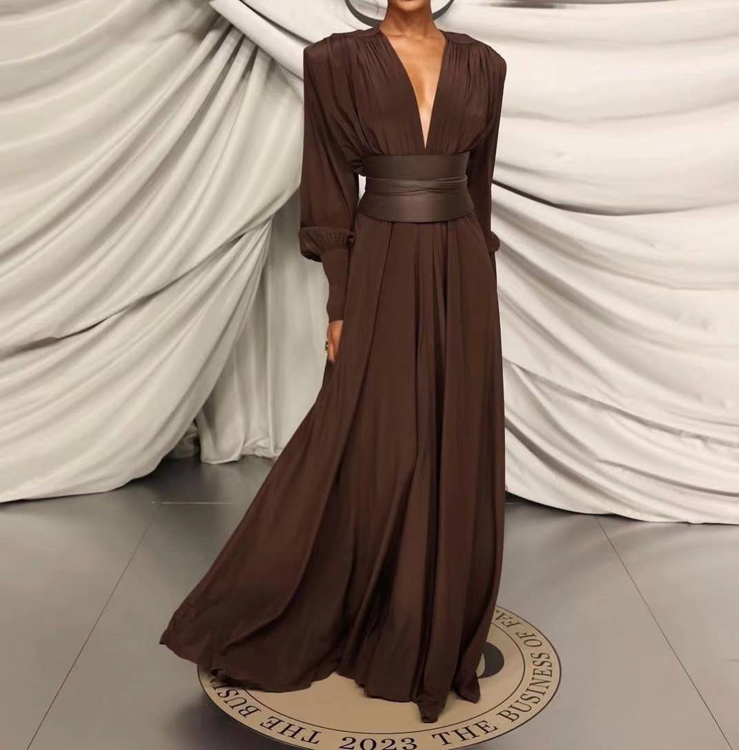 DR316 Elegant Chocolate Gathered Waist Maxi Dress for wholesale on Faire1