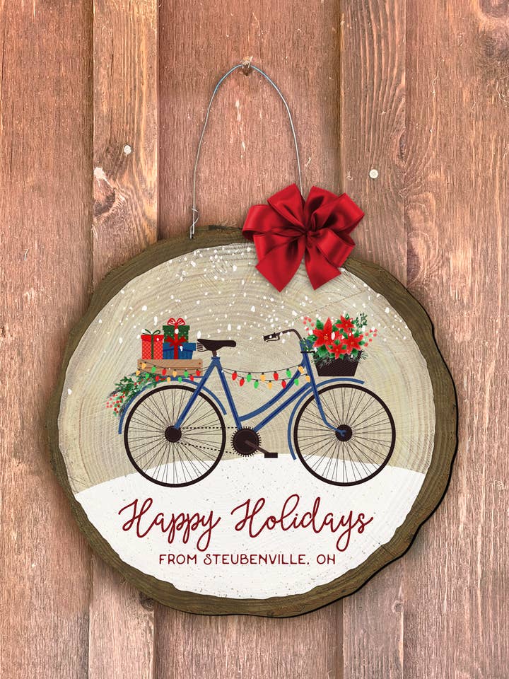 "Happy Holidays" Bicycle Log End Door Hanger (Customizable) for wholesale by Steel Southern Designs