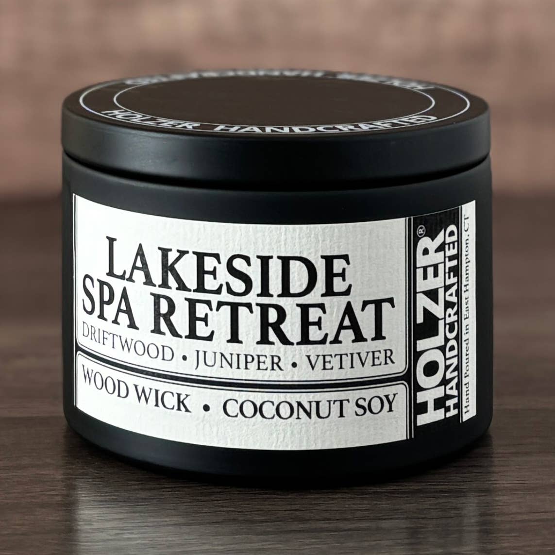 Holzer Handcrafted ® - Wholesale Jar/Filled Candle - Wood Wick Candle Lakeside Spa Retreat - Driftwood + Juniper + Vetiver Scented | Natural | Hand-poured Coconut Soy Wax | 6 oz Modern Black Tin with Lid | Handmade | Non-toxic Phthalate-free Luxury Fragrance2