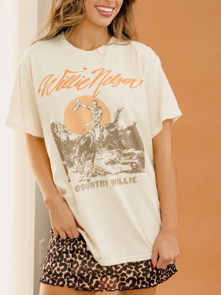 LivyLu - Wholesale Screen Printed T-Shirt - Unisex - Willie Nelson Country Willie Off White Thrifted Graphic Tee