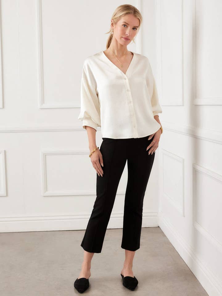 Cream Petite Size Lantern Sleeve Crystal Rhinestone Button Satin Top for wholesale on Faire0