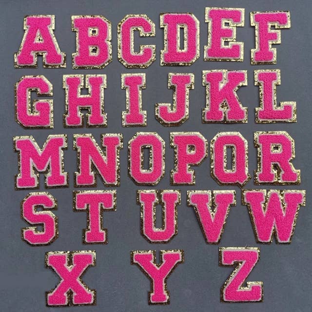 Neon Pink Chenille Iron On Gold Glitter Letter Patches for wholesale on Faire
