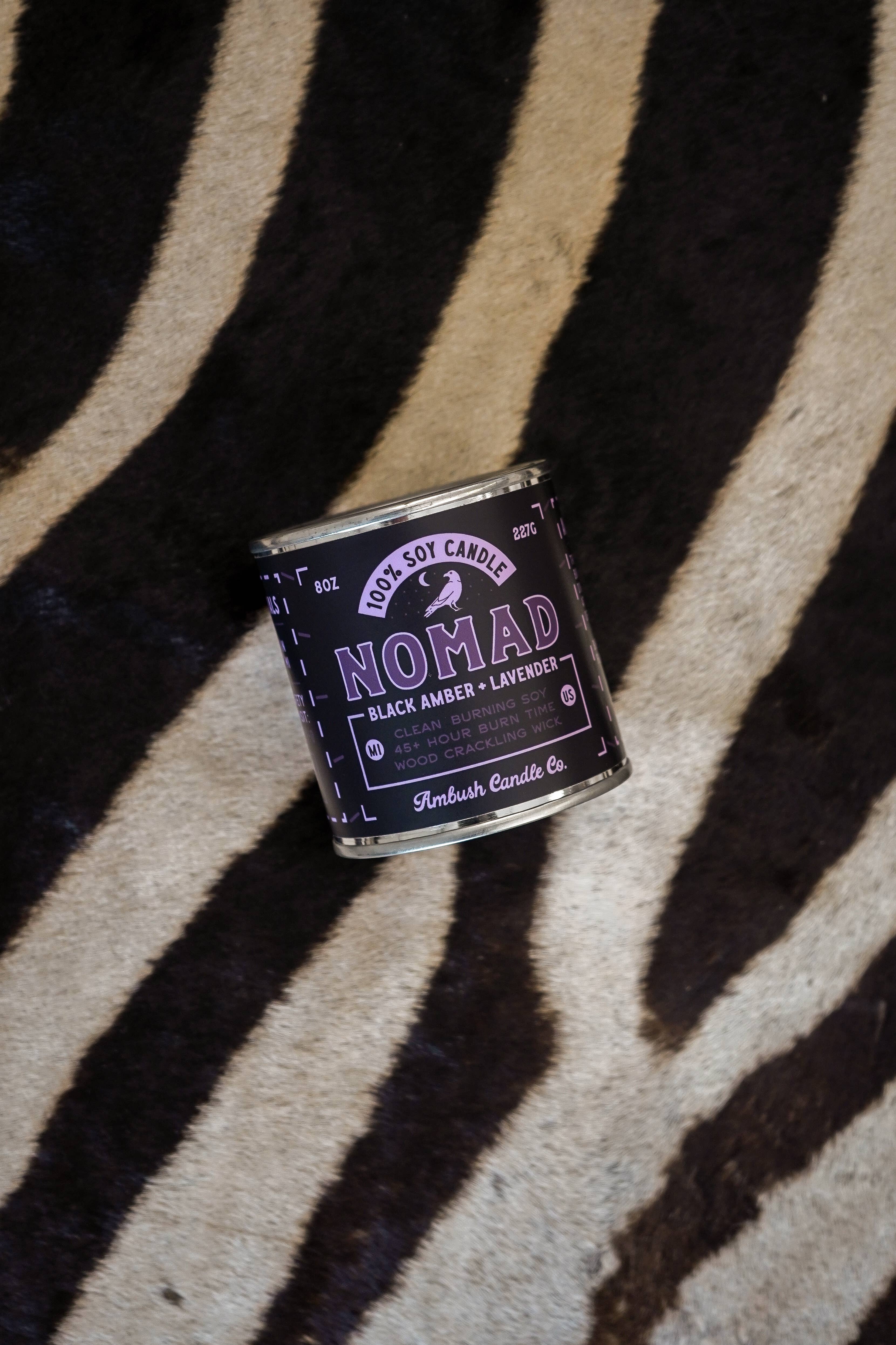 Ambush Candle Co. – wholesale Jar/filled candle – Nomad | Amber + Lavender 8oz Soy Candle3
