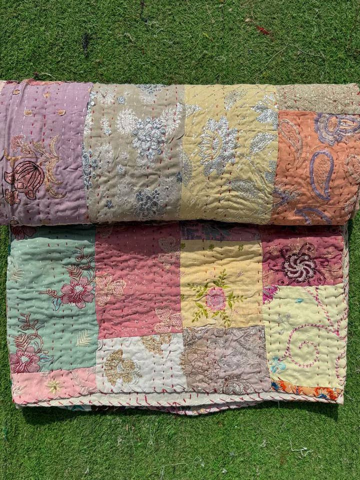 Kantha Stitched Cotton Blanket Patchwork Embroidery Quilts for wholesale by Bhawana Handicrafts
