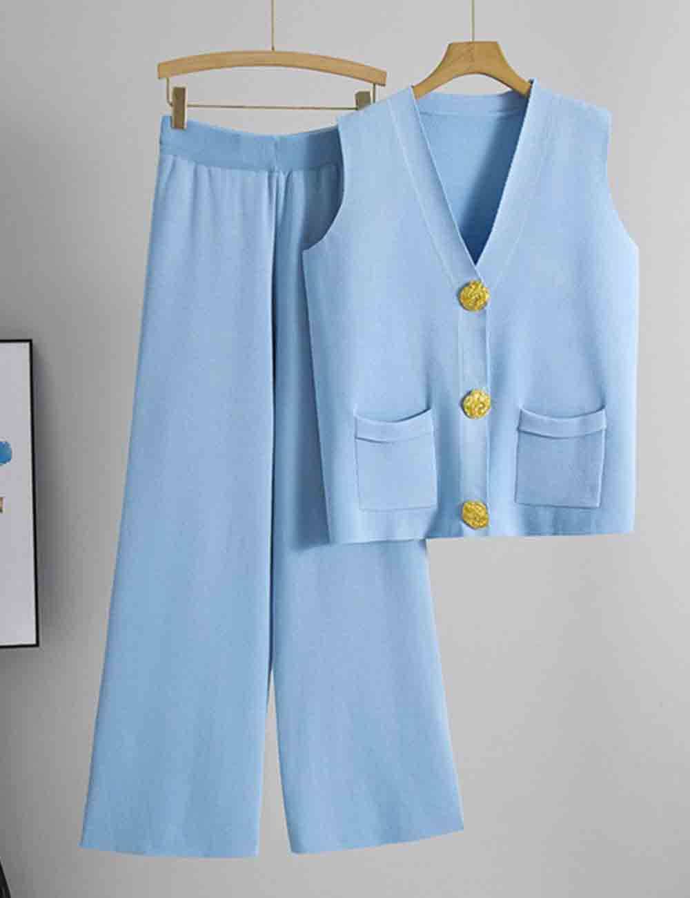 Sweetkama - Vendita all'ingrosso Completo top e pantaloni (NON loungewear) - Donna - Completo 2 pezzi: Gilet e Pantaloni a Maglia con Bottoni e Scollo a V a Tinta Unita da Donna12