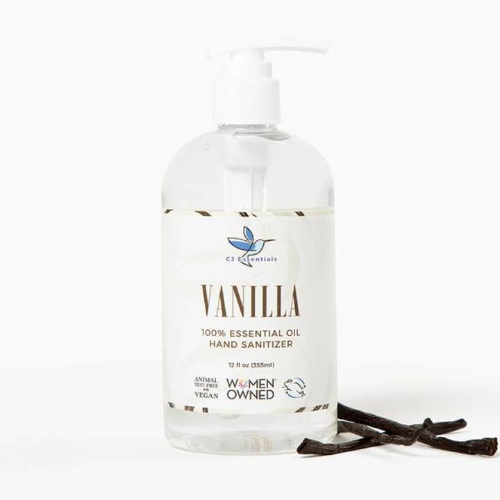 Désinfectant pour les mains aux huiles essentielles, gel 12 oz, parfum de vanille pour la vente par CJ Essentials