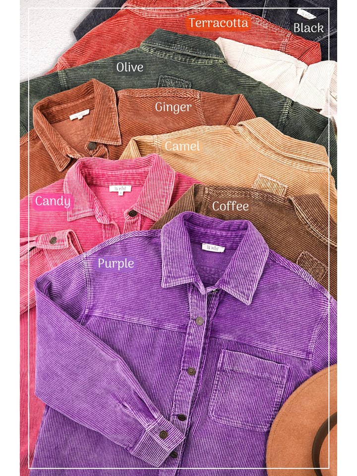 La Miel - Wholesale Shirt Jacket/Shacket - Women’s - JKT1727-Oversized Washed Fabric Corduroy Button Down Jacket23