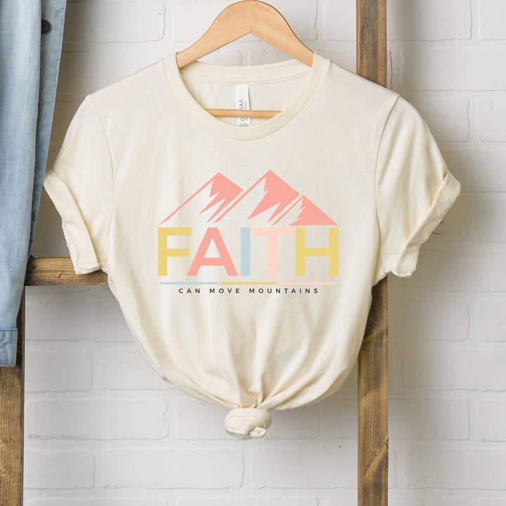 Bright Faith Can Move Mountains | Short Sleeve Graphic Tee for wholesale by Uplifting Threads Co Wholesale