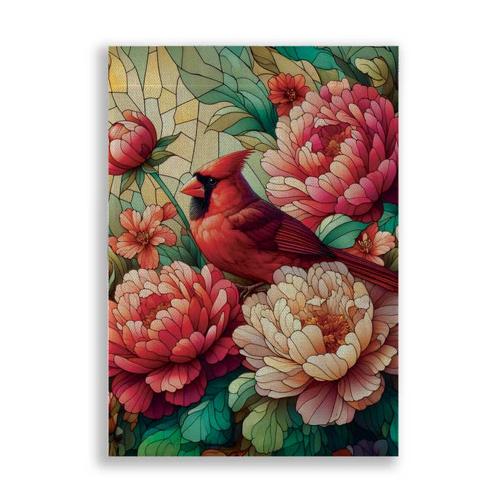Stained Glass Cardinal Burlap Garden Flag for wholesale by Works of Heart