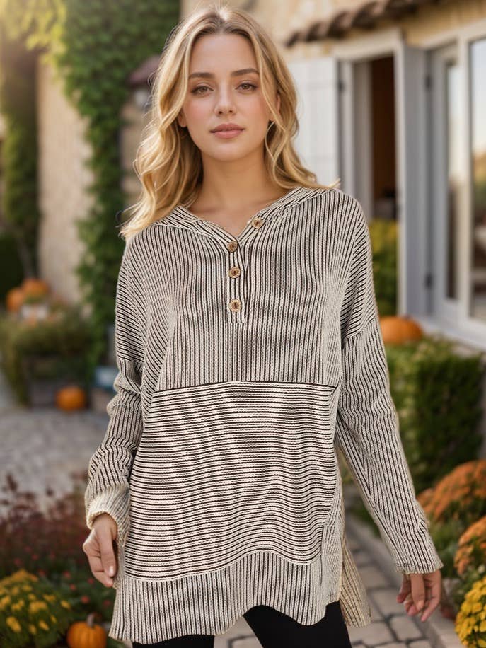 HEIMISH - Vendita all'ingrosso Tunica - Donna - ET7991-10  FELPA CON CAPPUCCIO A RIGHE URBAN RIB A MANICHE LUNGHE5