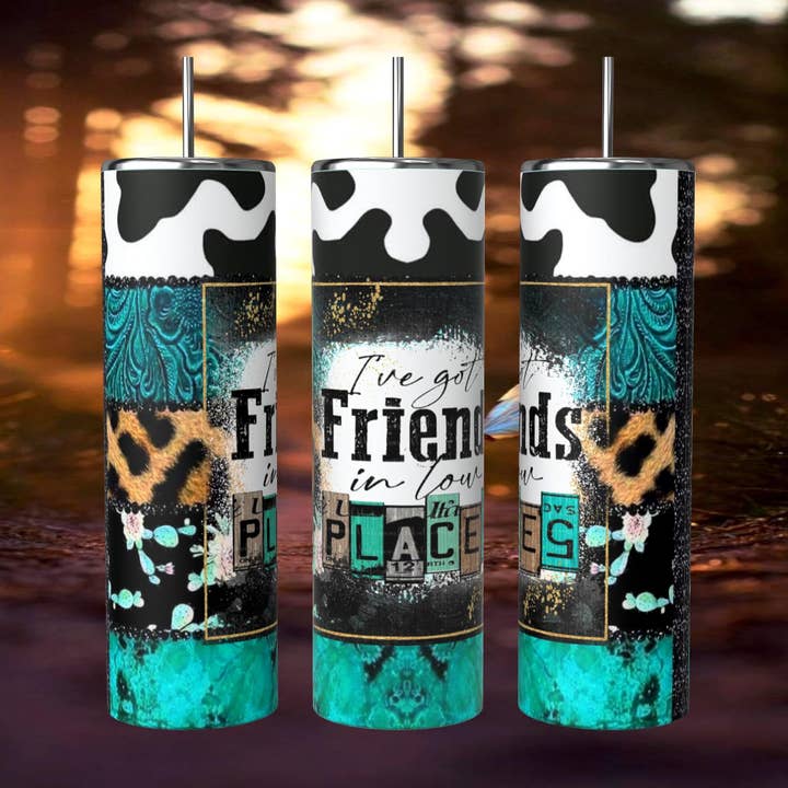 FRIENDS IN LOW PLACES TUMBLER for wholesale by Bull Riders Mama & Co. Tumblers