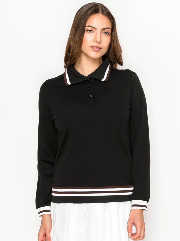 Polo à manches longues noir avec bordure contrastée pour la vente par Yal New York