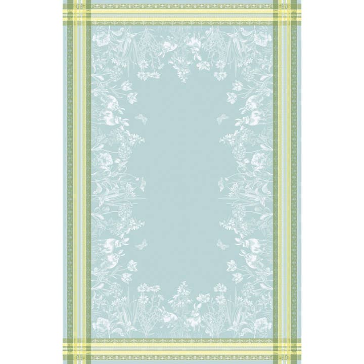 Ju-Lein - Wholesale Tablecloth - 100% linen jacquard tablecloth, Easter bunny, blue, green, yellow.