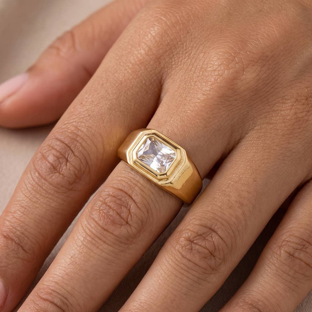 Fame Accessories - Wholesale Band/Stacked Ring - Gold Dipped Step Cut Cz Bezel Signet Ring1
