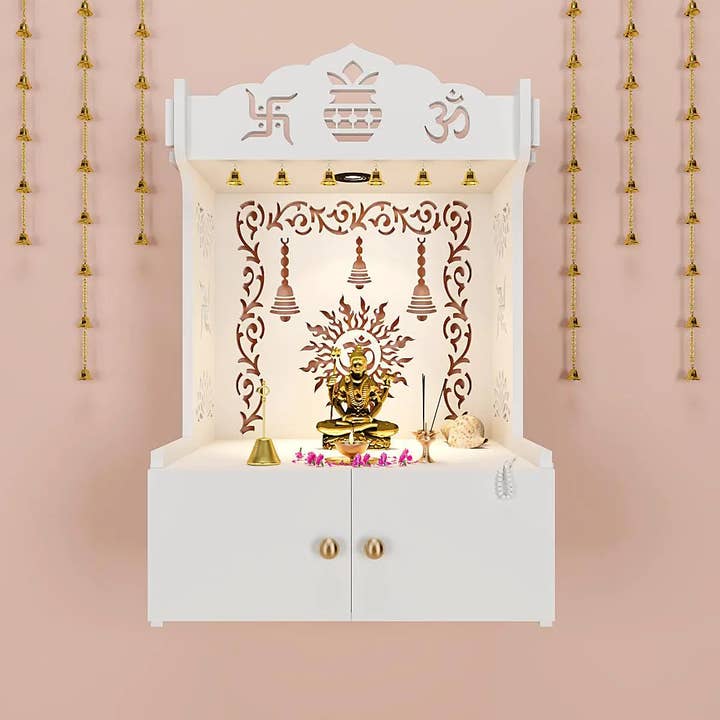 Wandmontierter Holztempel mit eingebautem Licht und Ablage — Weiß für den Großhandel von GoGlocal