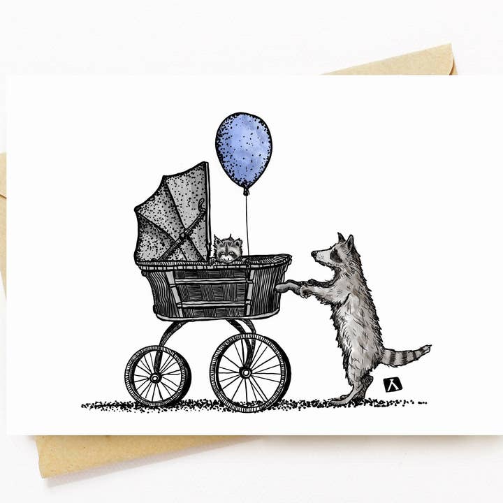 Tarjeta de bebé de 5 x 7 pulgadas con mamá mapache y cachorro para venta al por mayor de Bellavance Ink