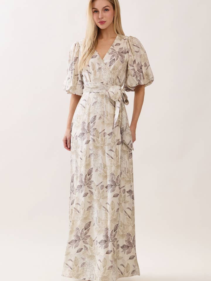 Floral Print Short Bubble Sleeve Wrap Maxi Dress HD3403-TAUP for wholesale by B I G H I T Fashion
