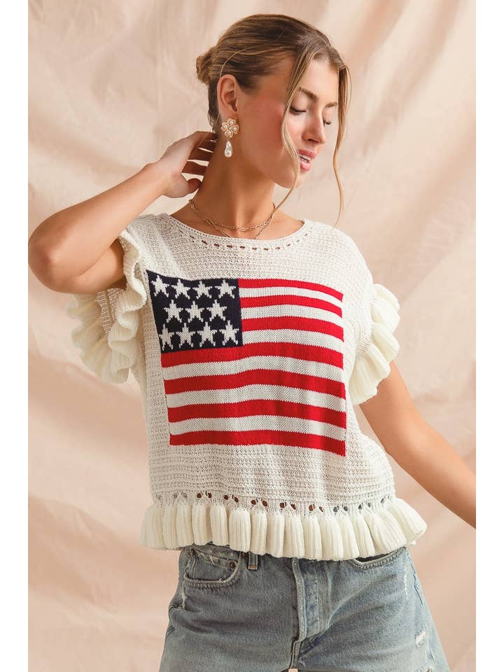 OFF WHITE Fourth Of July Stars American Flag Sweater Top for wholesale on Faire