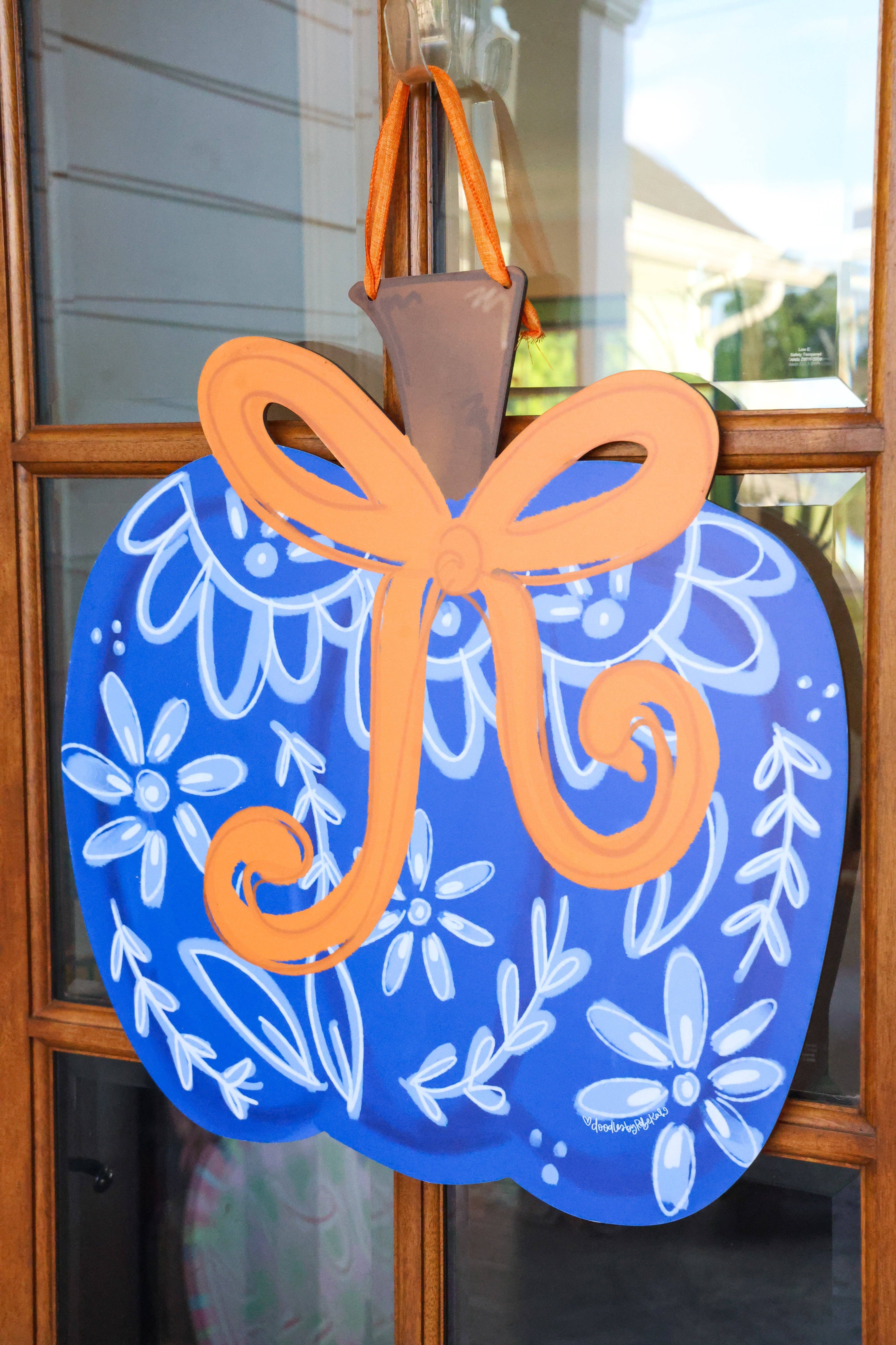 Doodles By Rebekah - Wholesale Door Hanger - Blue Chinoiserie with Bow Pumpkin Doorhanger2