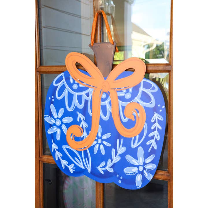 Doodles By Rebekah - Wholesale Door Hanger - Blue Chinoiserie with Bow Pumpkin Doorhanger2