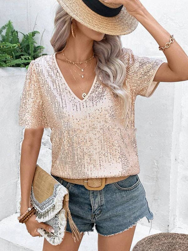 UZ Wholesale Store - Wholesale Blouse - Women's - Loose Short Sleeves Sequined Shiny Split-Joint V-Neck T-Shirts3