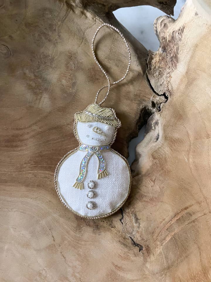White Handmade Snowman Linen Holiday Tree Ornament for wholesale by Katie Larmour Linen