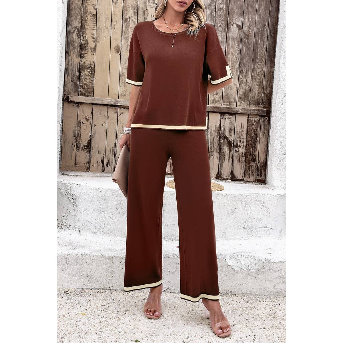 Supreme Fashion - Wholesale Top & Pant Set (NOT Loungewear) - Women's - Two Pieces Outfits Knit Short Sleeve Wide Leg Lounge Sets9