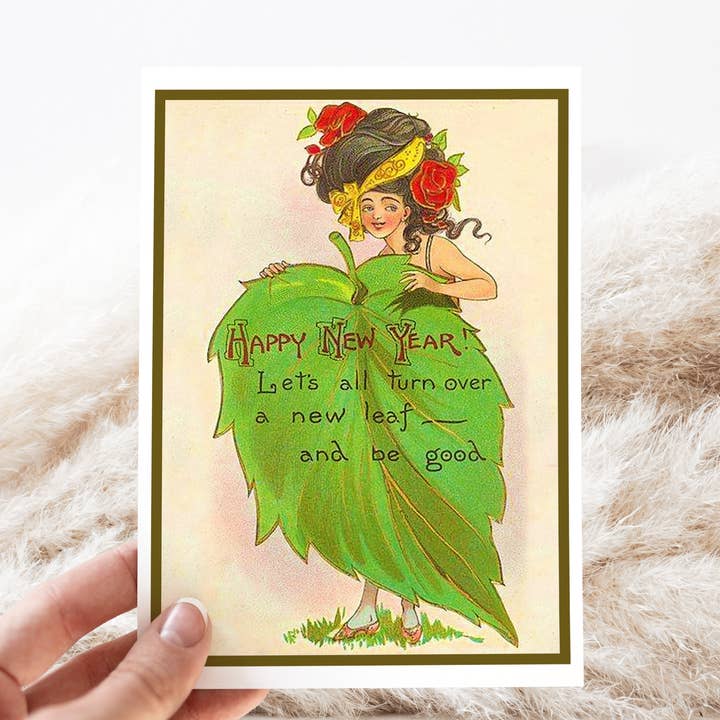 New Year's Card. Let's All Turn Over A New Leaf And Be Good. for wholesale by Cheerful Whimsies