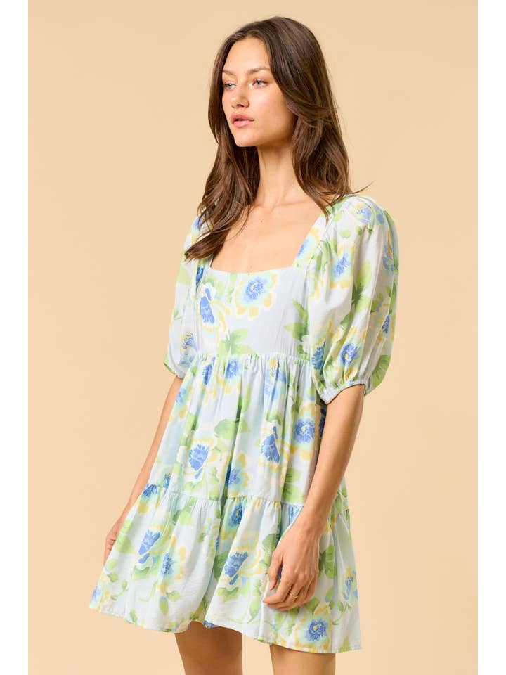 Lalavon - Wholesale Dress - Women's - ILD5068 SQUARE NECK PUFF SLEEVE RUFFLED MINI DRESS