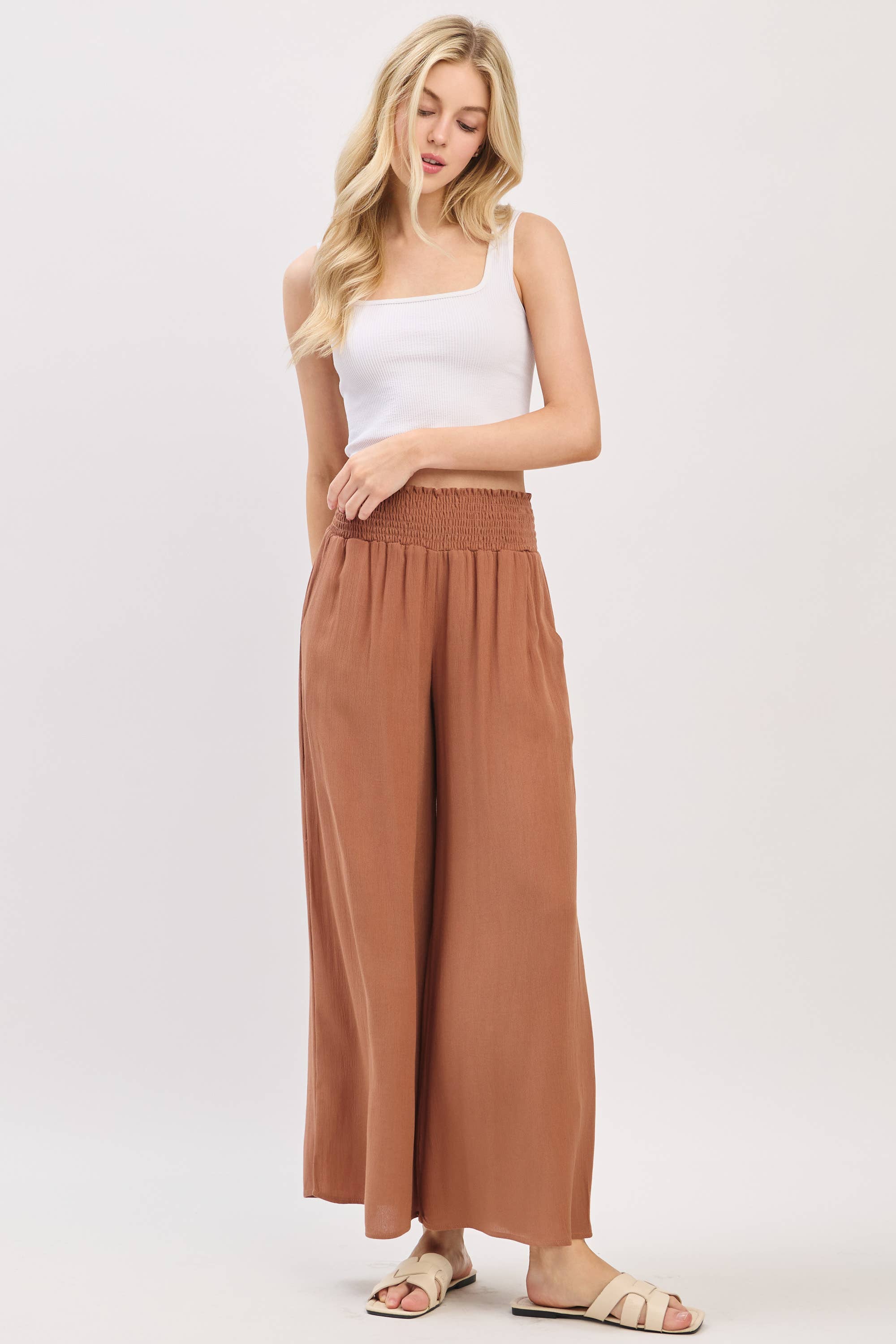 Final Touch - Wholesale Pants - Women's - Waist Smocked Wide Leg Pants - VLP70000319