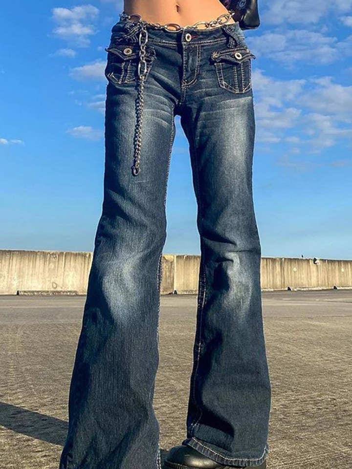 Blue Pocketed Low-waisted Flares Jeans for wholesale on Faire