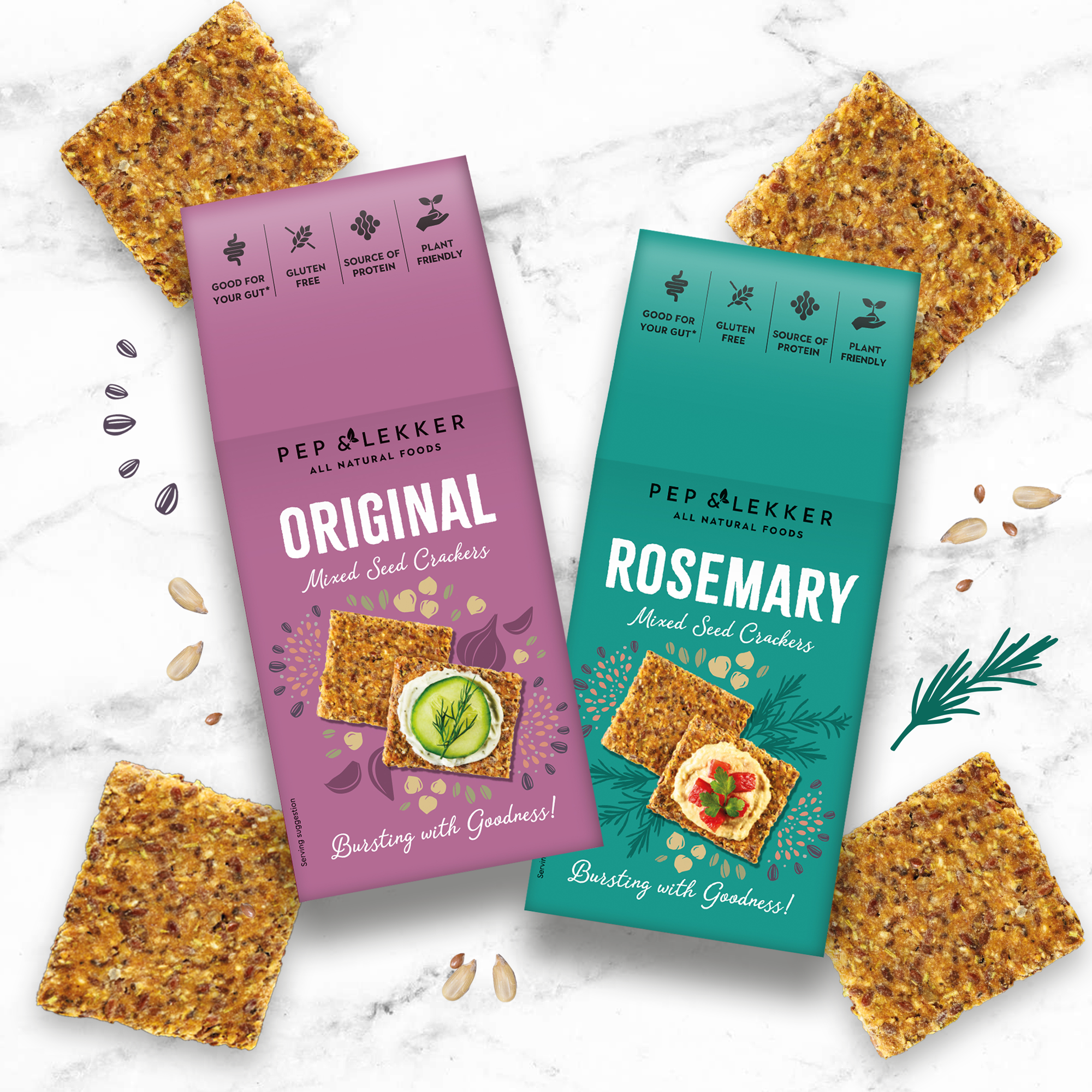 Pep & Lekker - Venta al por mayor Crackers - Galletas de Semillas Sin Gluten - Romero & Original (110g) (x8)5