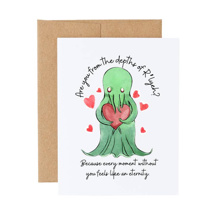 Biglietto di auguri della libreria romantica nerd di Cthulhu per la vendita all'ingrosso da parte di Cryptic Paper Co.