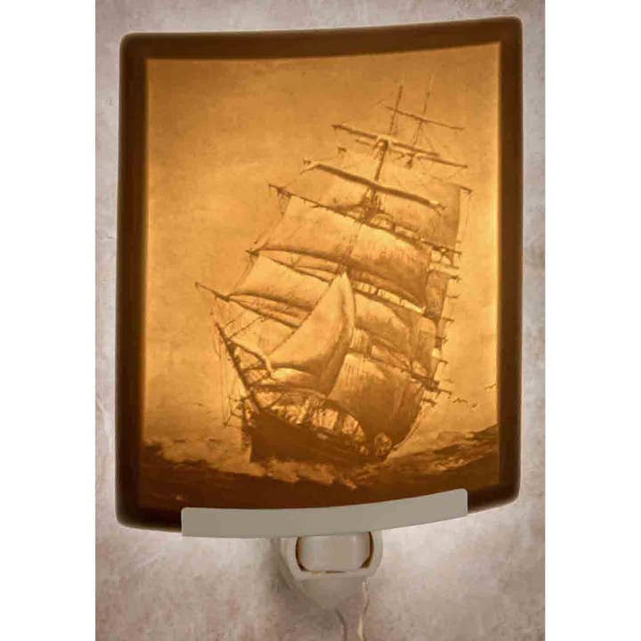 Full Sail Porcelain Lithophane Night Light for wholesale by The Porcelain Garden Inc.