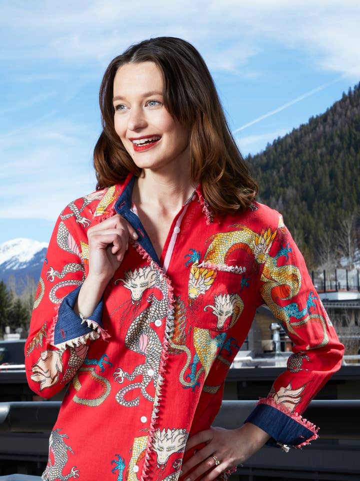 Cape Cod Tunic Red Ground Dragon Print for wholesale by Dizzy-Lizzie