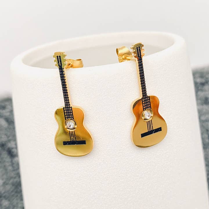 Mio Queena - Wholesale Dangle Earrings - Gold Plated Stainless Steel Guitar Stud Earrings - FGS