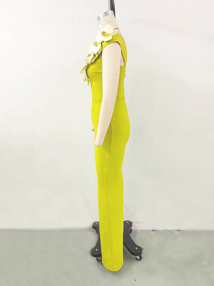 SY142 Elegant Chartreuse One-Shoulder Floral Bandage Gown for wholesale on Faire3