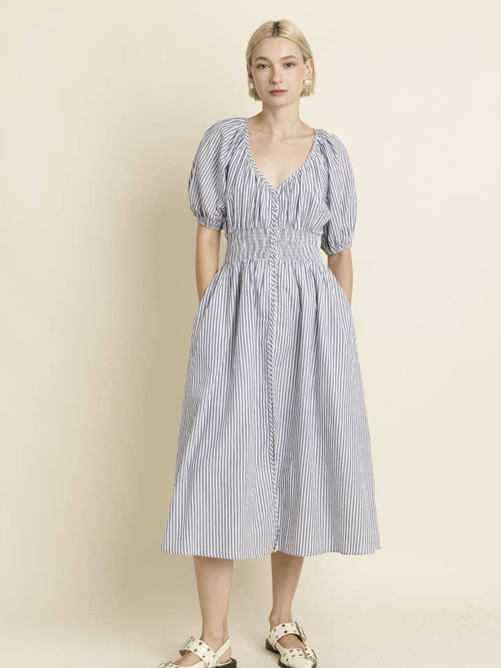 AD1955 - STRIPED BUTTON DOWN MIDI DRESS for wholesale by Aureum