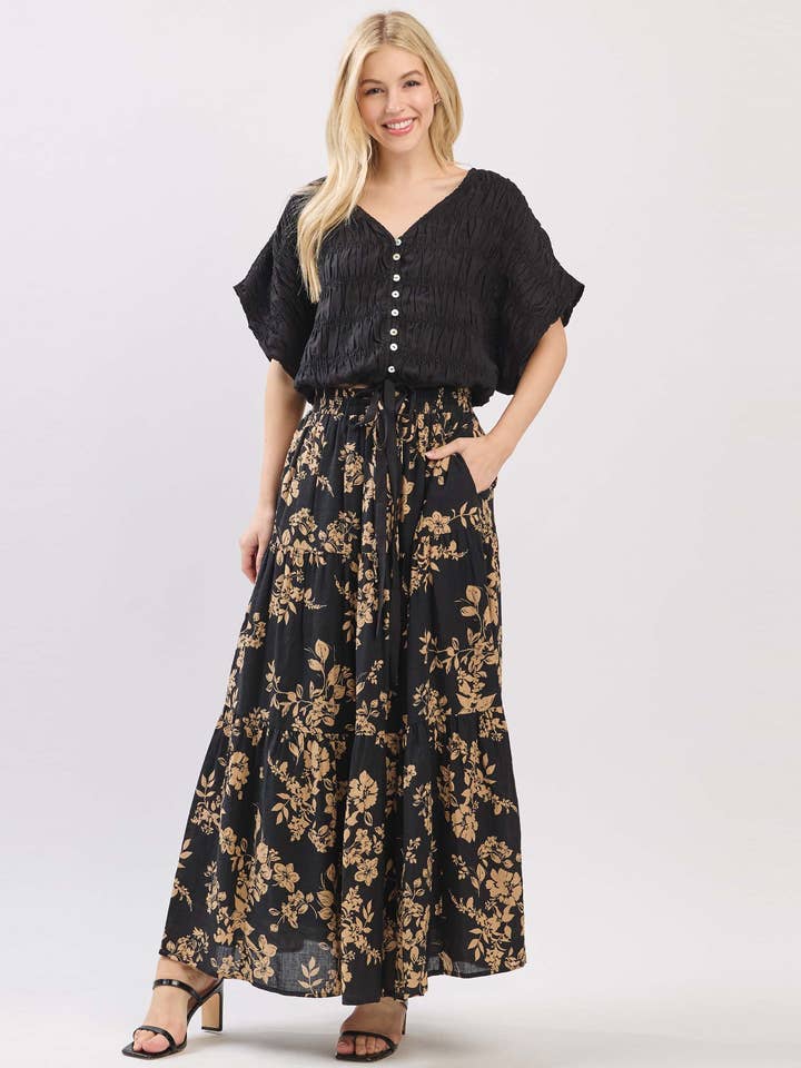 WAISTBAND W/ DRAWSTRING TIERED MIDI SKIRT - VS6013A for wholesale by Calista