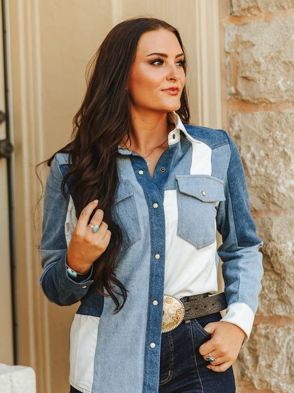 Patchwork Denim Long Sleeve Pearl Snap Western Shirt for wholesale by LUCKY & BLESSED
