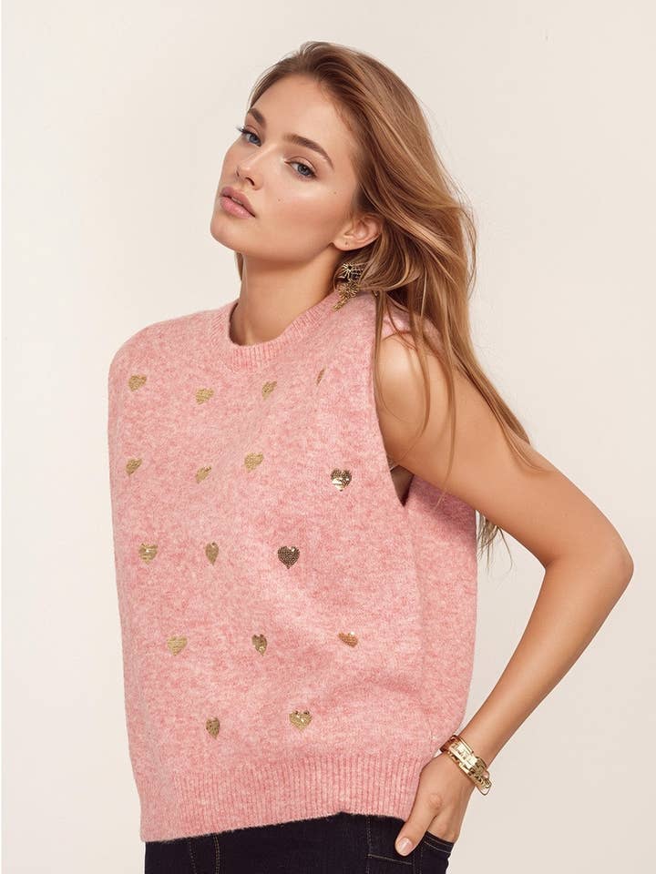 Rose Pull sans manches rose avec cœurs à paillettes argentées en vente sur Faire0