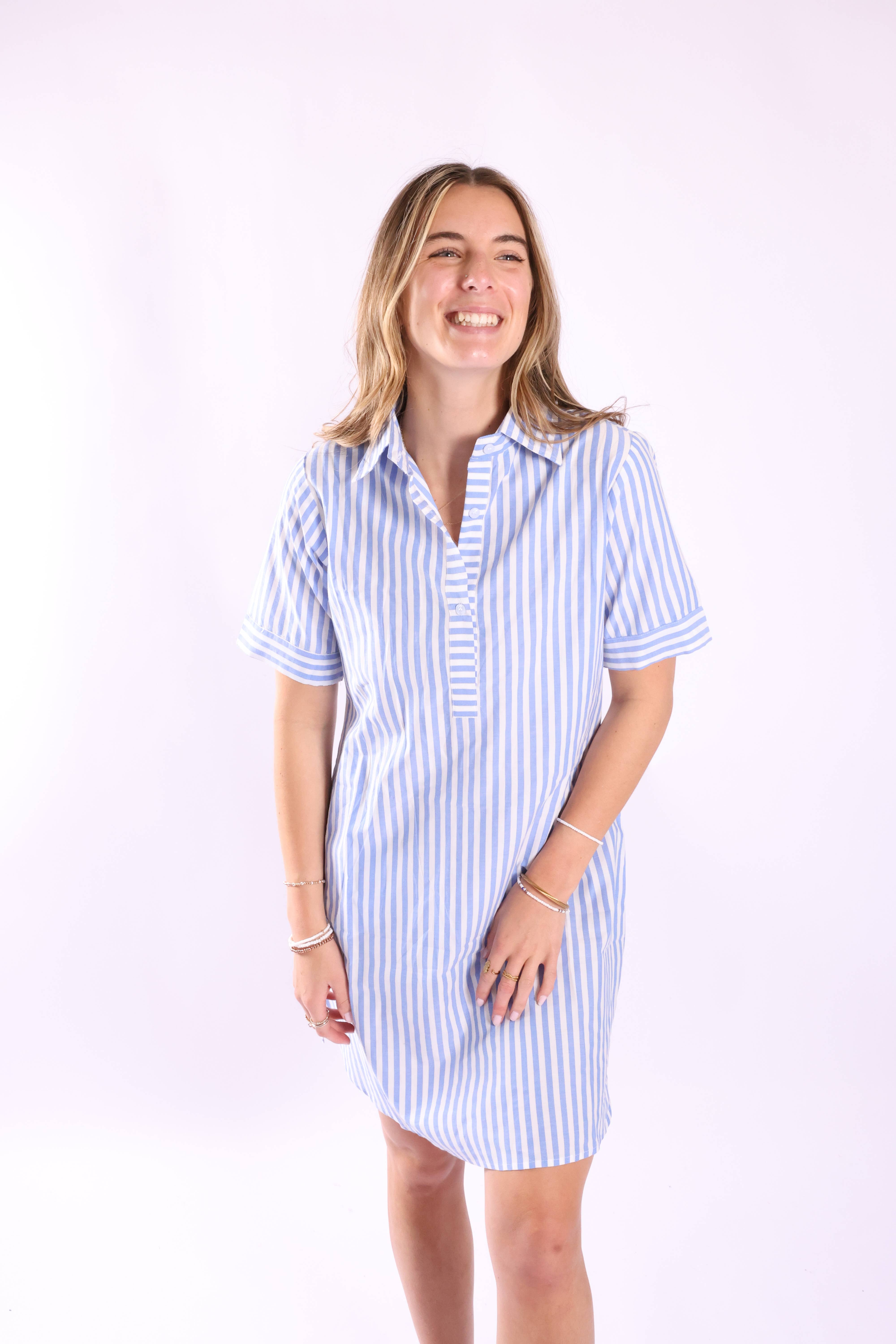 Striped Shirt Dress – Short Sleeve Dress in Blue & White - Spring 2026 for wholesale on Faire1