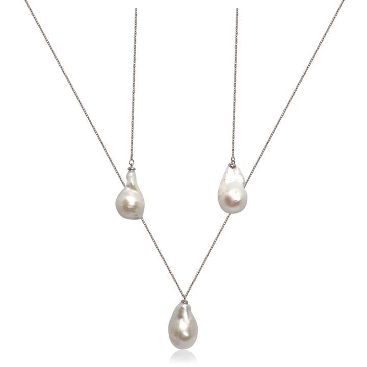 white baroque pearl pendant & earrings set, sterling silver for wholesale by Lustrous Jewellery