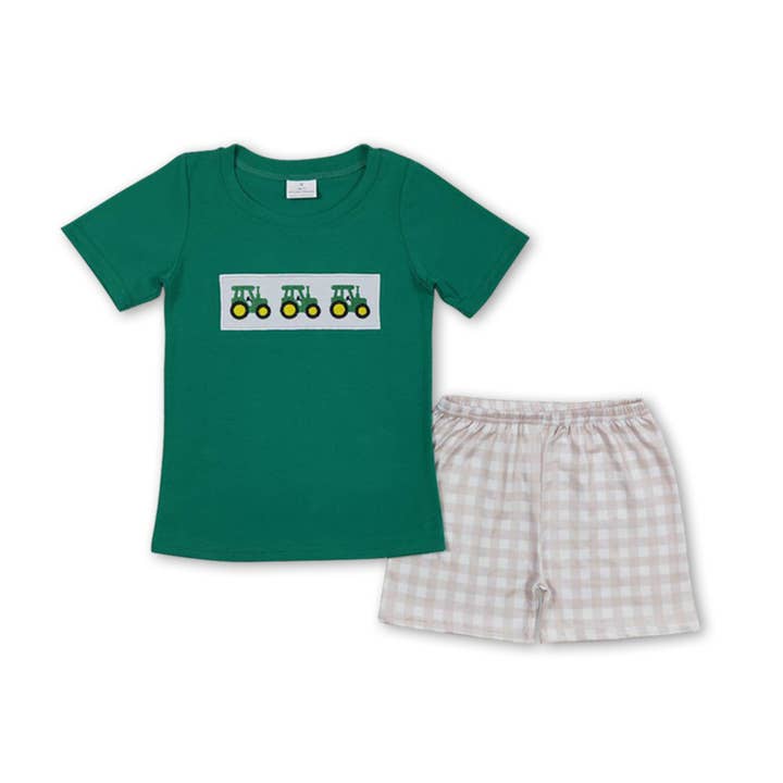 Short sleeves green tractor top shorts boys farm clothes for wholesale by Yawoo Garments