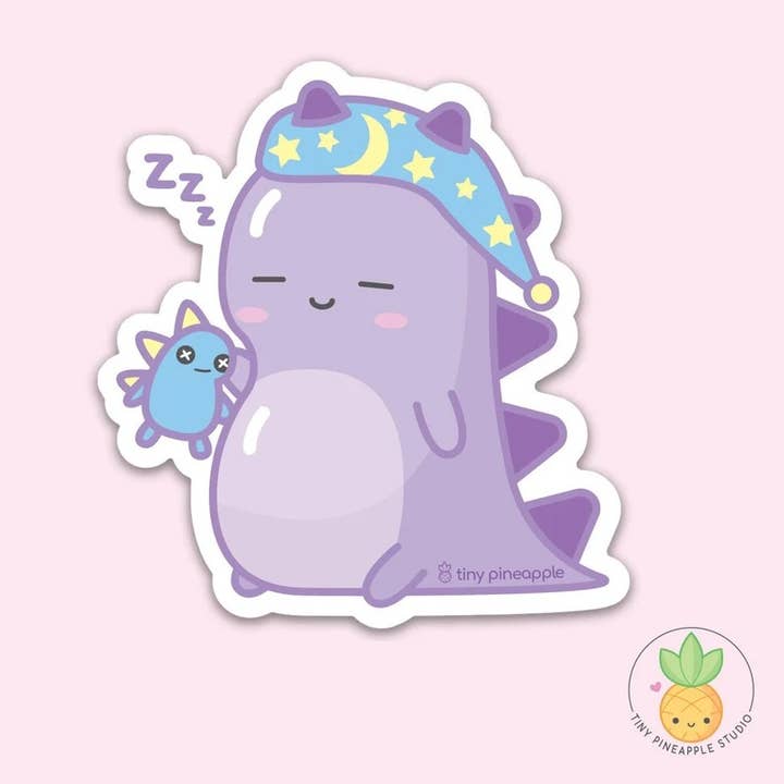 Purple sleepy dino VINYL STICKER — Tiny Pineapple Studio for wholesale by Tiny Pineapple Studio